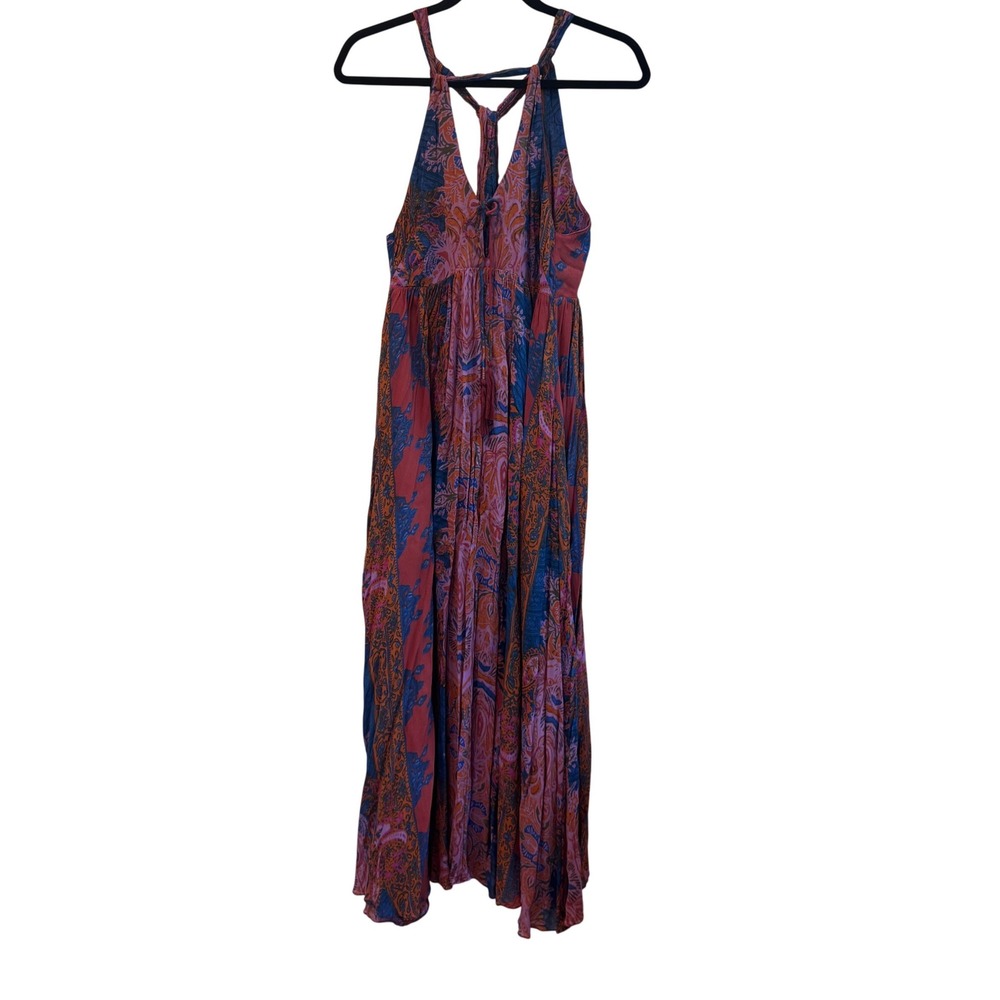 Free People Unattainable Blue Red Paisley Print Halter Flowy Maxi Dress Size 0 - Picture 3 of 13
